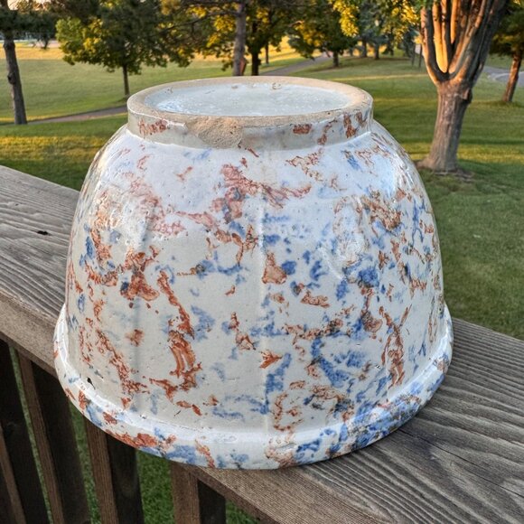 Red Wing Spongeware Stoneware Paneled Mixing Bowl 8" Rustic Blue Brown Vintage - Picture 2 of 16